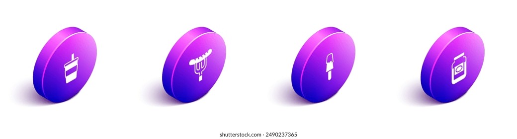 Set Isometric Paper glass with water, Sausage on the fork, Ice cream and Jam jar icon. Vector