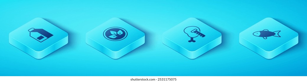 Conjunto de paquete de papel isométrico para leche, dieta de alimentos veganos, pescado e icono de pollo modificado genéticamente. Vector
