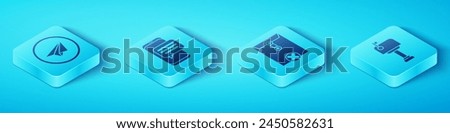 Set Isometric Paper plane, Chat messages notification on phone, Mail box and Delete envelope icon. Vector