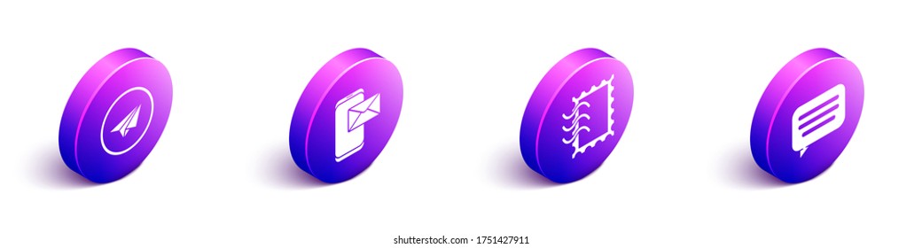 Set Isometric Paper plane, # Mobile and envelope, Postal stamp and Speech bubble chat icon. Vector