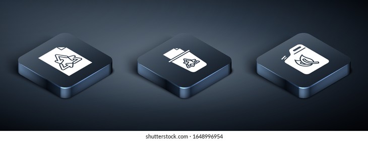 Set Isometric Paper with recycle, Bio fuel canister and Recycle bin with recycle symbol icon. Vector