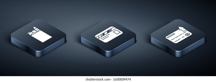 Set Isometric Paper shopping bag and food, Credit card and Credit card icon. Vector