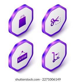 Set Isometric Paper shopping bag, Scissors cuts discount coupon, Hanging sign with text Closed and Hand truck and boxes icon. Purple hexagon button. Vector