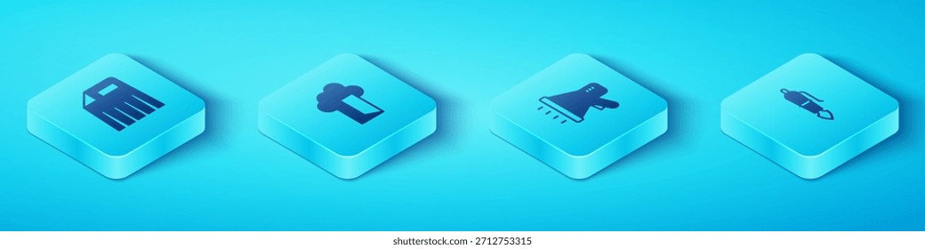 Set Isometric Paper shredder, Cloud database, Fountain pen nib and Megaphone icon. Vector