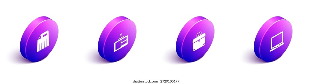 Conjunto de trituradora de papel isométrico, insignia de Identificación, maletín e icono del ordenador portátil. Vector