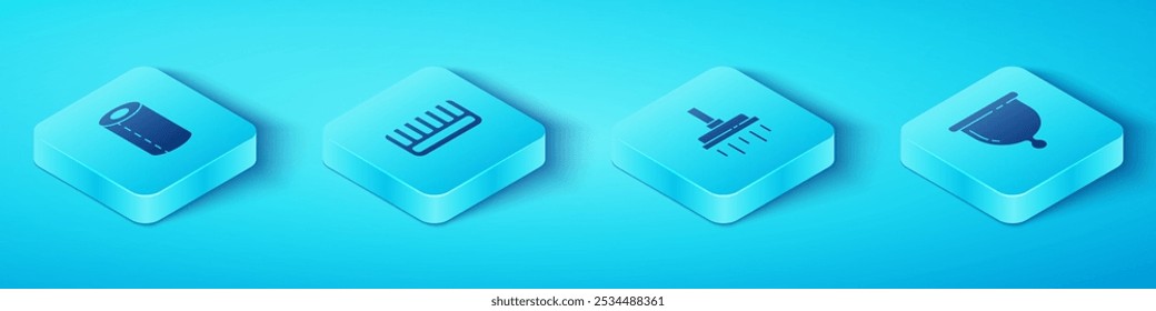 Conjunto de rollo de toalla de papel isométrico, cepillo de pelo, copa menstrual e icono de cabeza de ducha. Vector