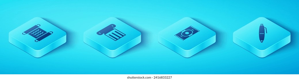 Set Isometric Papyrus scroll, Ancient column, Pen and Classic carpet icon. Vector