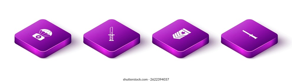 Set Isometrischer Fallschirm mit Erste-Hilfe-Set, Militärmesser, Chevron und Ikone. Vektorgrafik