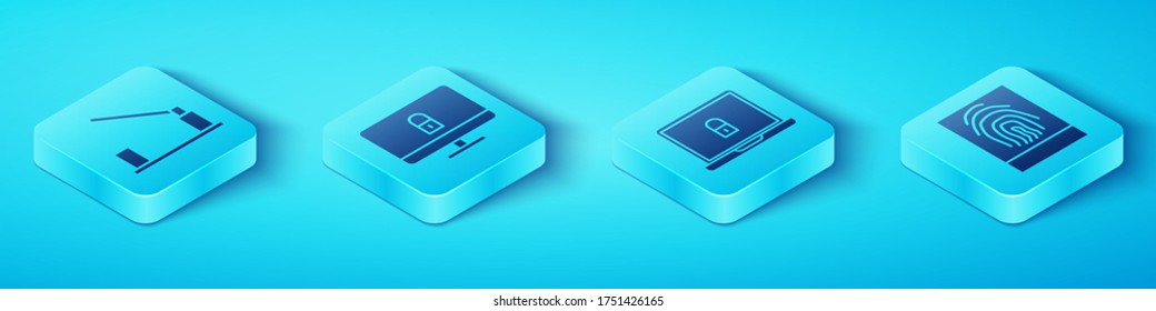 Set Isometric Parking car barrier, Lock on computer monitor, Fingerprint and Laptop and lock icon. Vector