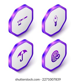 Set Isometric Parking car barrier, Key, Umbrella and Fingerprint icon. Purple hexagon button. Vector