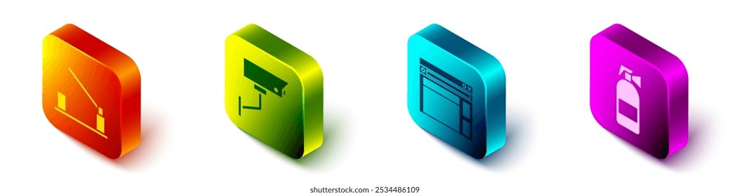 Definir Barreira de carro de estacionamento isométrico, Câmera de segurança, Modelo do site e ícone de extintor de incêndio. Vetor
