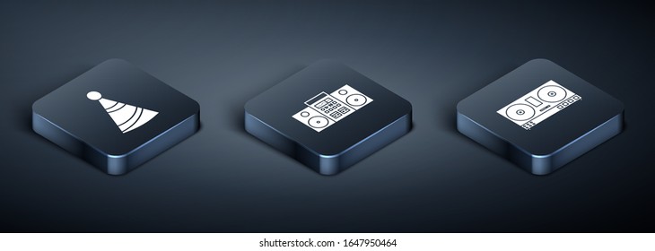 Set Isometric Party hat , DJ remote for playing and mixing music  and Home stereo with two speakers  icon. Vector