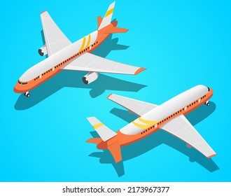 Set of isometric passenger aircraft, airplane isolated on a blue background. Isometric air transport. Air passenger transportation. Vector illustration