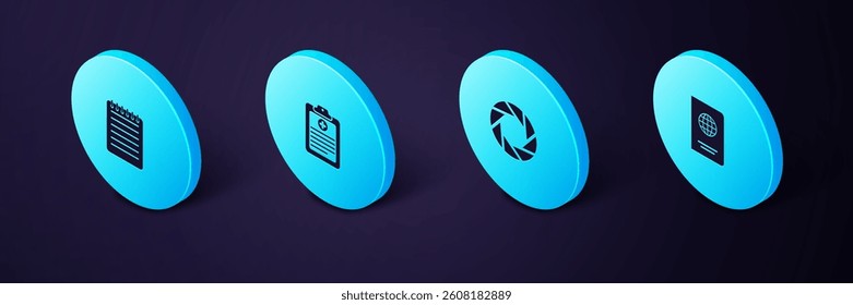 Set Isometric Passport, Camera shutter, Clinical record and Notebook icon. Vector