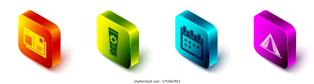 Set Isometric Passport with visa stamp, Sunscreen cream in tube, Calendar and Tourist tent icon. Vector