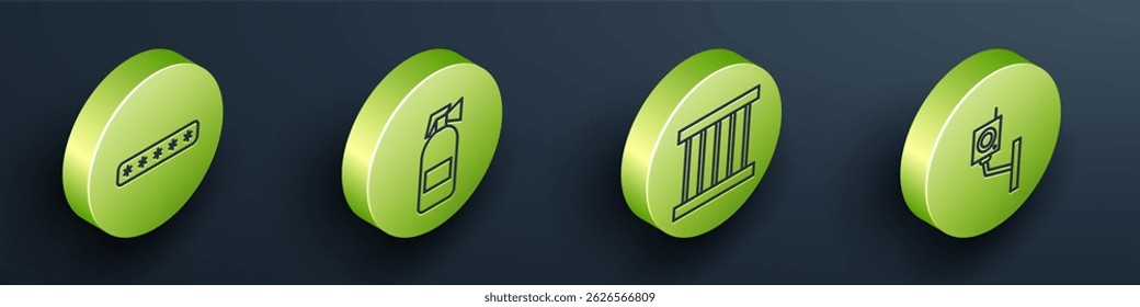 Set Isometric Password protection, Fire extinguisher, Prison window and Security camera icon. Vector