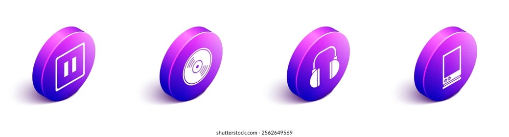 Set Isometric Pause button, Vinyl disk, Headphones and Voice assistant icon. Vector