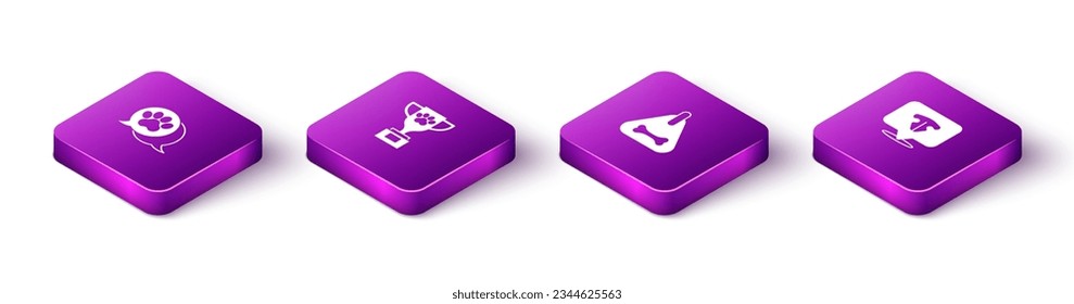 Set Isometric Paw print, Pet award, Dog collar and Cat nose icon. Vector