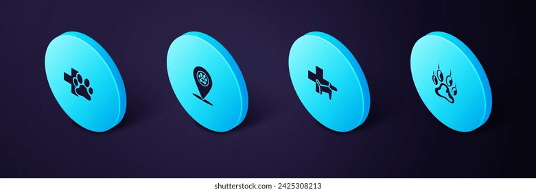 Set Isometric Paw print, Veterinary clinic, Location veterinary and  icon. Vector