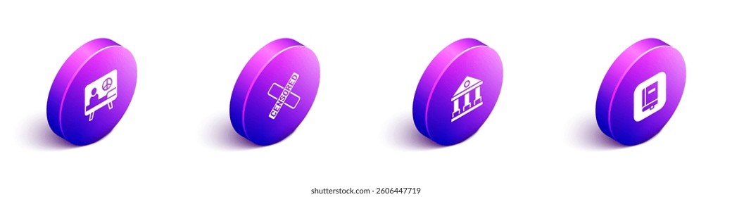 Set Isometric Peace, Censored stamp, Courthouse building and Law book icon. Vector