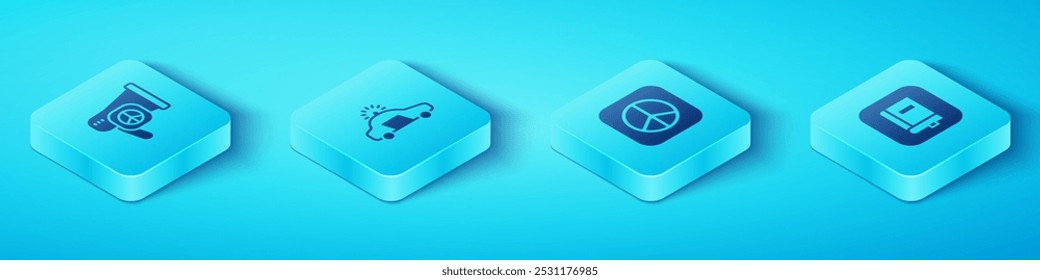 Set Isometric Peace, Police car and flasher, Law book and  icon. Vector