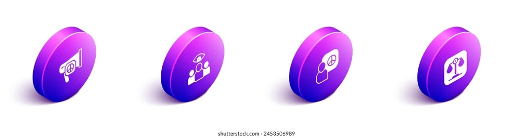 Set Isometric Peace, Spy, agent, talks and Scales of justice icon. Vector