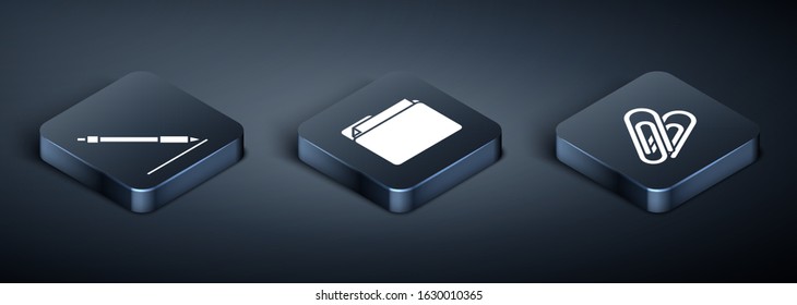 Set Isometric Pen line, Paper clip and Document folder icon. Vector