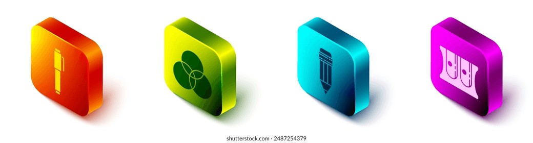 Set Isometric Pen, RGB and CMYK color mixing, Pencil with eraser and Pencil sharpener icon. Vector