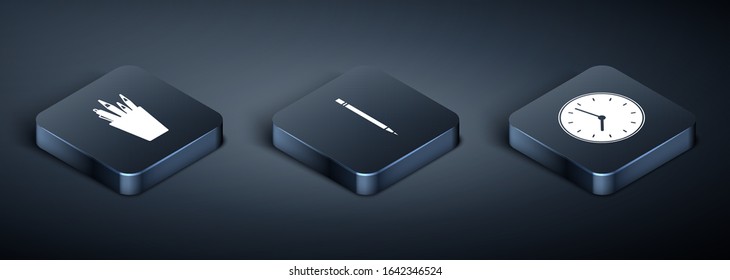 Set Isometric Pencil case stationery, Clock and Pencil with eraser icon. Vector