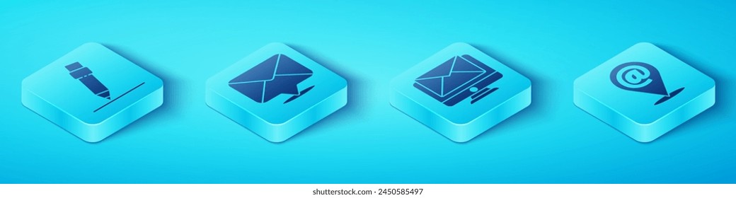 Set Isometric Pencil with eraser, Envelope, Location and mail and e-mail and Monitor and envelope icon. Vector