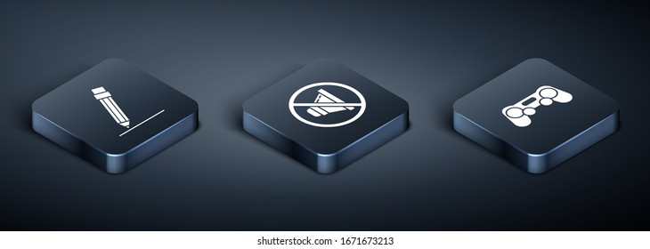 Coloque un lápiz isométrico con un icono de borrador, gamepad y silenciador del altavoz. Vector