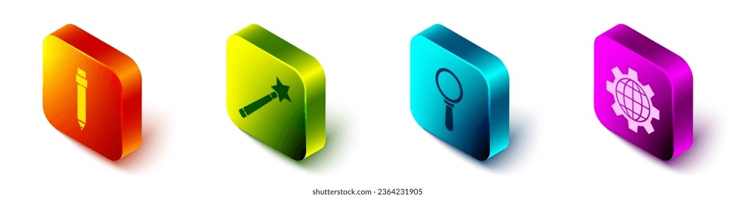 Set Isometric Pencil with eraser, Magic wand, Magnifying glass and Globe of the Earth and gear icon. Vector