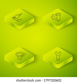 Set Isometric Pencil and gear, Settings in the hand, Wrench spanner and Electric drill machine icon. Vector