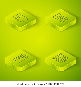 Set Isometric Pencil sharpener, Business card, Chalkboard with diagram and Spiral notebook icon. Vector