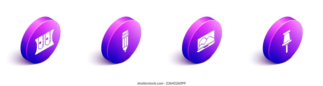 Set Isometric Pencil sharpener, Pencil with eraser, Laptop and Push pin icon. Vector