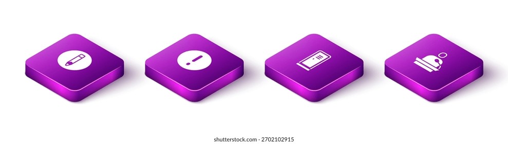 Conjunto de lápiz isométrico, burbuja de discurso y exclamación, vestuario o vestuario y da el icono de la conferencia. Vector