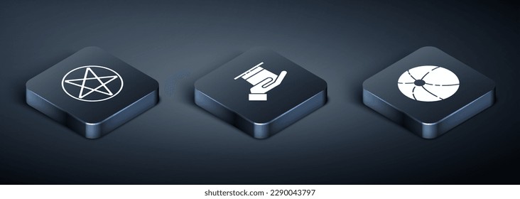 Set Isometric Pentagram in a circle, Beach ball and Magician hat in hand icon. Vector