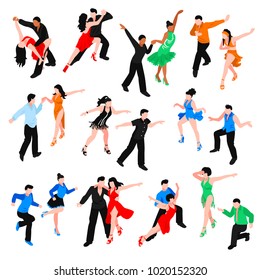 Set of isometric people in bright costumes during latin dances salsa, rumba, samba isolated vector illustration