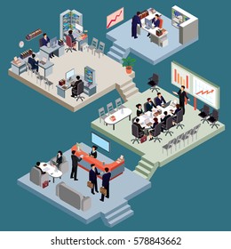 Set Of Isometric People In Business Suits In The Office.