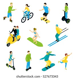 Set of isometric people characters ride on surf boards bicycles ski motorbike and by foot flat vector illustration