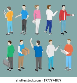 A set of isometric people, in different clothes, different actions and objects.