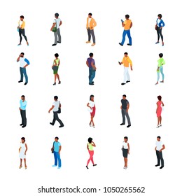 Set of isometric people with different skin color isolated on white background. 3d men and women view front and back. Modern young people. Vector illustration.