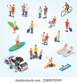 Set of isometric people during vacation traveling by car surfing bicycle riding beach holiday isolated