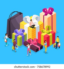 
A set of isometric people are engaged in festive shopping. Gifts in colored boxes with bright bows. Girls buy gifts with packages. Vector illustration.