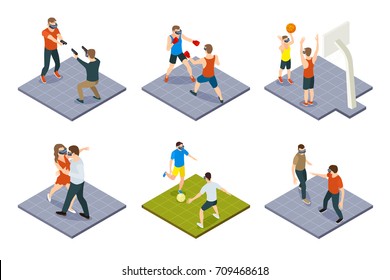 Set of isometric people gaming in virtual reality headsets in 3D isometric design. Males shooting each other, dancing with woman, playing football and basketball