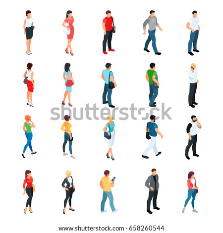 Set of isometric people isolated on white background. 3d men and women view front and back. Modern young people. Vector illustration.