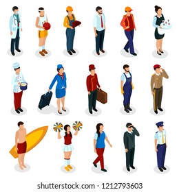 Set of isometric people of various professions in uniform with accessories isolated vector illustration