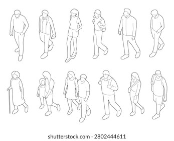 set isometric people walking
