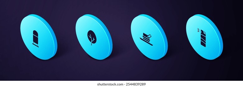 Conjunto de spray de pimienta isométrica, sombrero de cazador con pluma, árbol y icono de bala. Vector