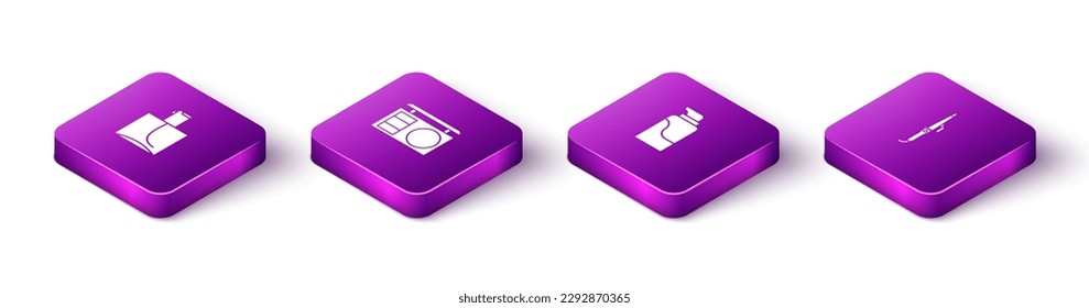 Set Isometric Perfume, Eye shadow palette, Cream cosmetic tube and Curling iron icon. Vector